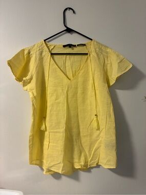 Harve Benard Bright Yellow Tassel V-Neck Short Sleeve Blouse